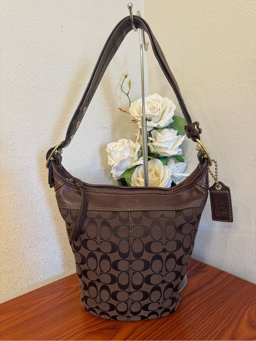 Coach Brown Signature Canvas Shoulder Bag with Leather Trim